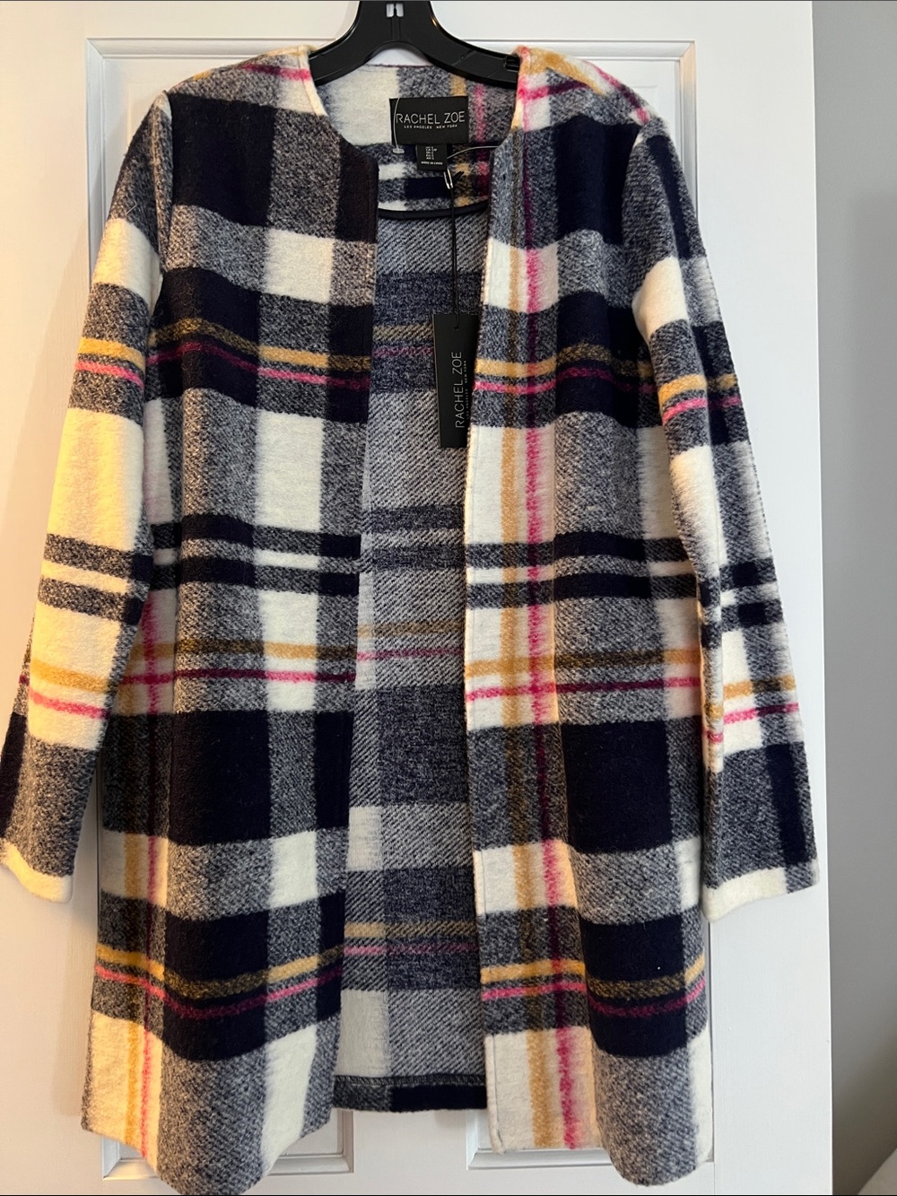 Rachel Zoe Navy, Cream & Pink Plaid Open-Front Sweater Coat